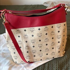 MCM Red and Cream Shoulder Bag with Signature Monogram
